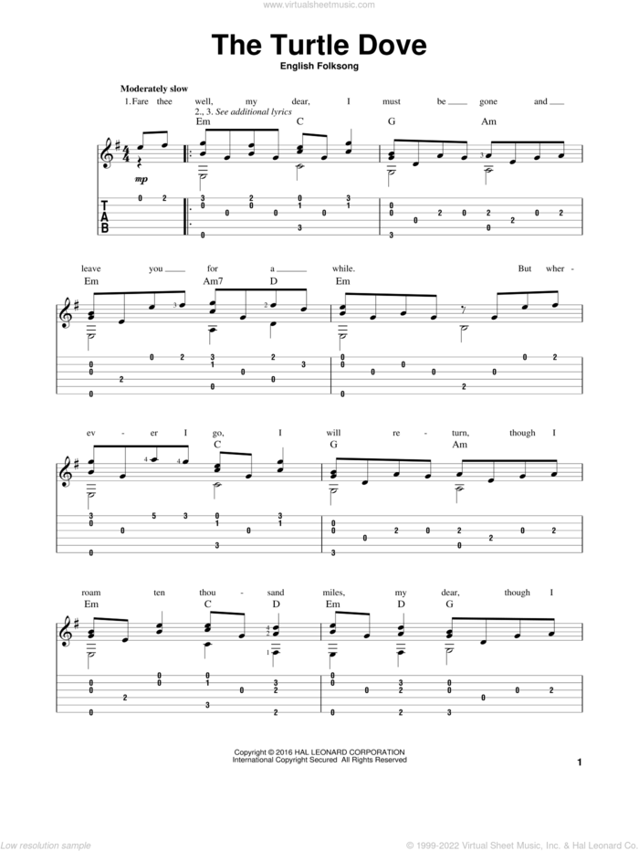 The Turtle Dove sheet music for guitar solo by Mark Phillips and Miscellaneous, intermediate skill level