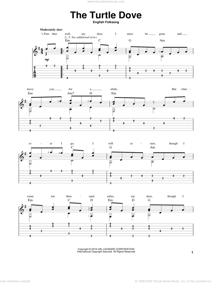 The Turtle Dove (arr. Mark Phillips) sheet music for guitar solo by Mark Phillips and Miscellaneous, intermediate skill level