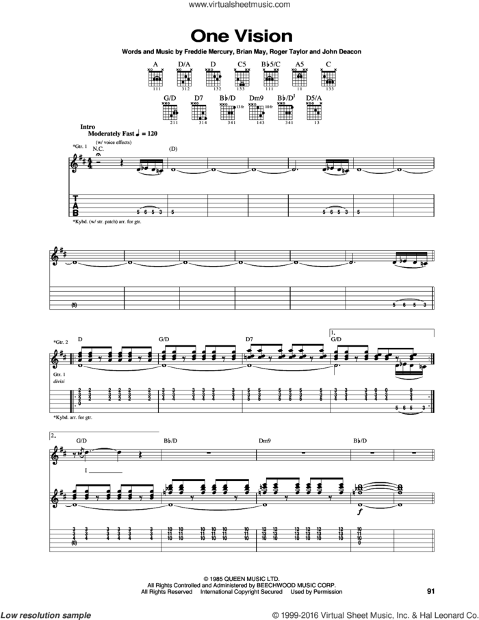 One Vision sheet music for guitar (tablature) by Queen, Brian May, Freddie Mercury, John Deacon and Roger Taylor, intermediate skill level