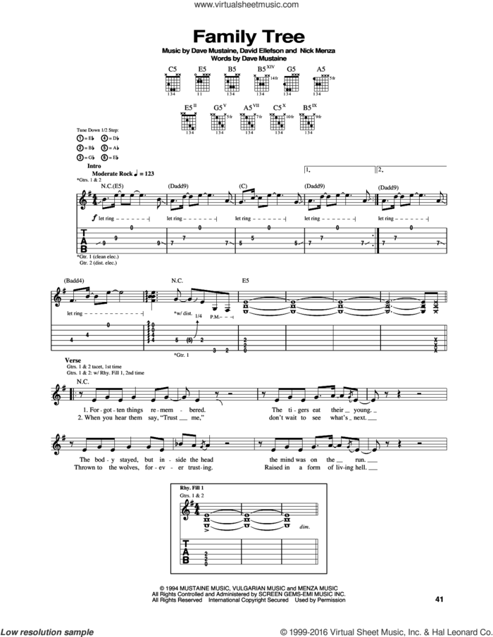 Family Tree sheet music for guitar (tablature) by Megadeth, Dave Ellefson, Dave Mustaine, Martin Friedman and Nick Menza, intermediate skill level