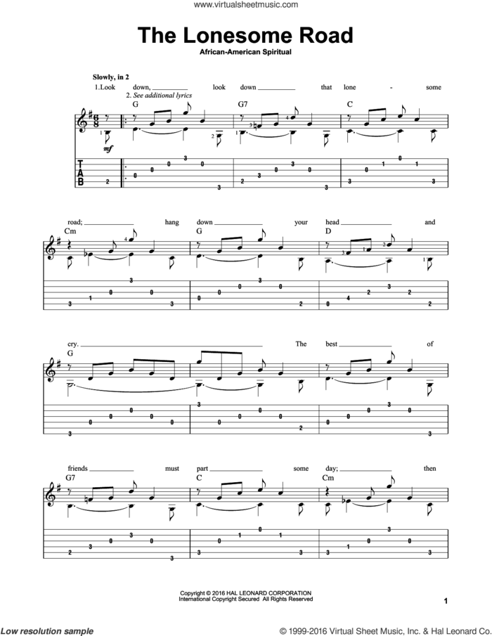 The Lonesome Road sheet music for guitar solo by Mark Phillips and Miscellaneous, intermediate skill level