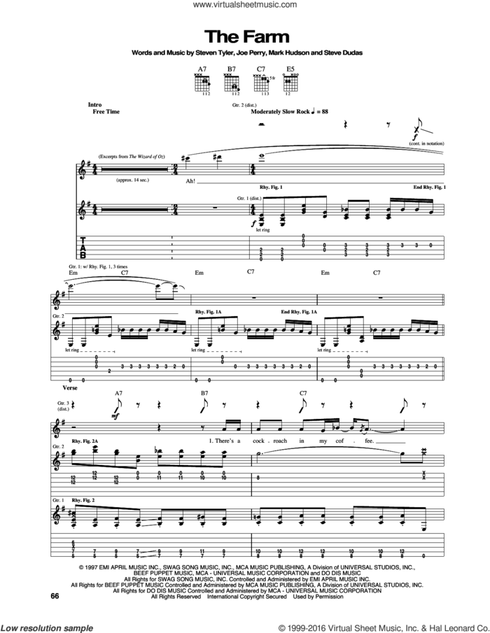The Farm sheet music for guitar (tablature) by Aerosmith, Joe Perry, Mark Hudson, Steve Dudas and Steven Tyler, intermediate skill level