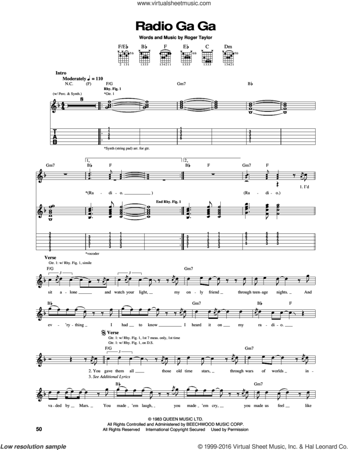 Radio Ga Ga sheet music for guitar (tablature) by Queen and Roger Taylor, intermediate skill level