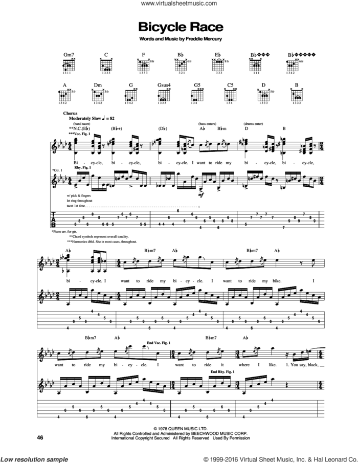 Bicycle Race sheet music for guitar (tablature) by Queen and Freddie Mercury, intermediate skill level