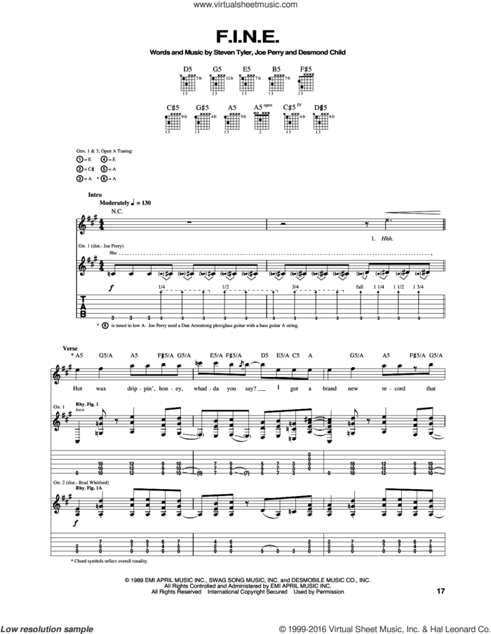 F.I.N.E. sheet music for guitar (tablature) by Aerosmith, Desmond Child, Joe Perry and Steven Tyler, intermediate skill level