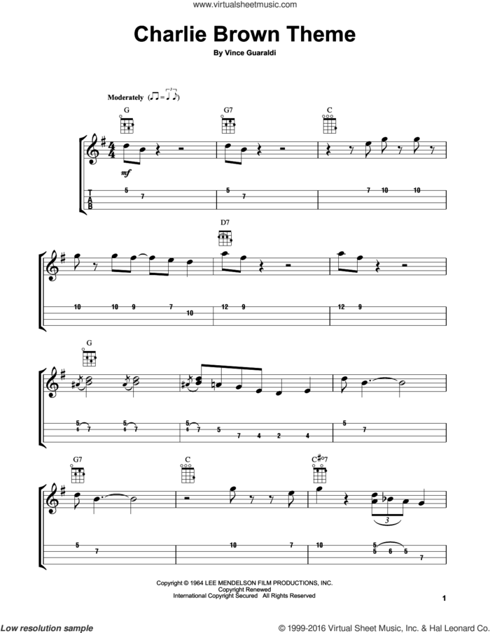 Charlie Brown Theme sheet music for ukulele by Vince Guaraldi, intermediate skill level