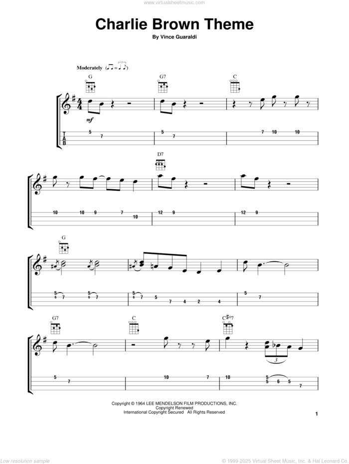 Charlie Brown Theme sheet music for ukulele by Vince Guaraldi, intermediate skill level