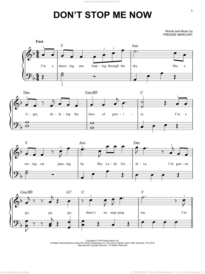 Don't Stop Me Now sheet music for piano solo by Queen and Freddie Mercury, easy skill level