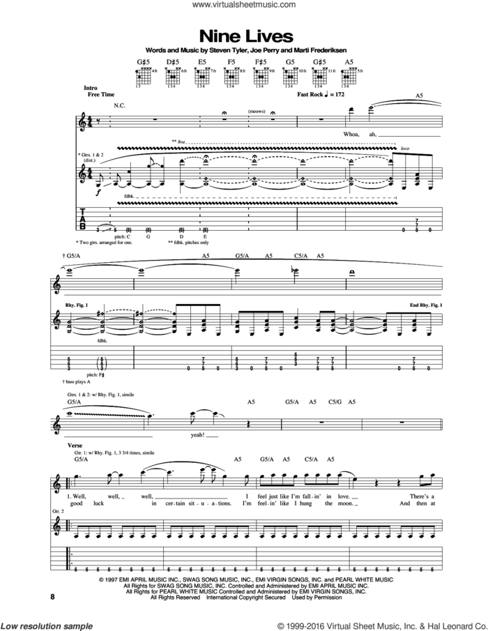 Nine Lives sheet music for guitar (tablature) by Aerosmith, Joe Perry, Marti Frederiksen and Steven Tyler, intermediate skill level