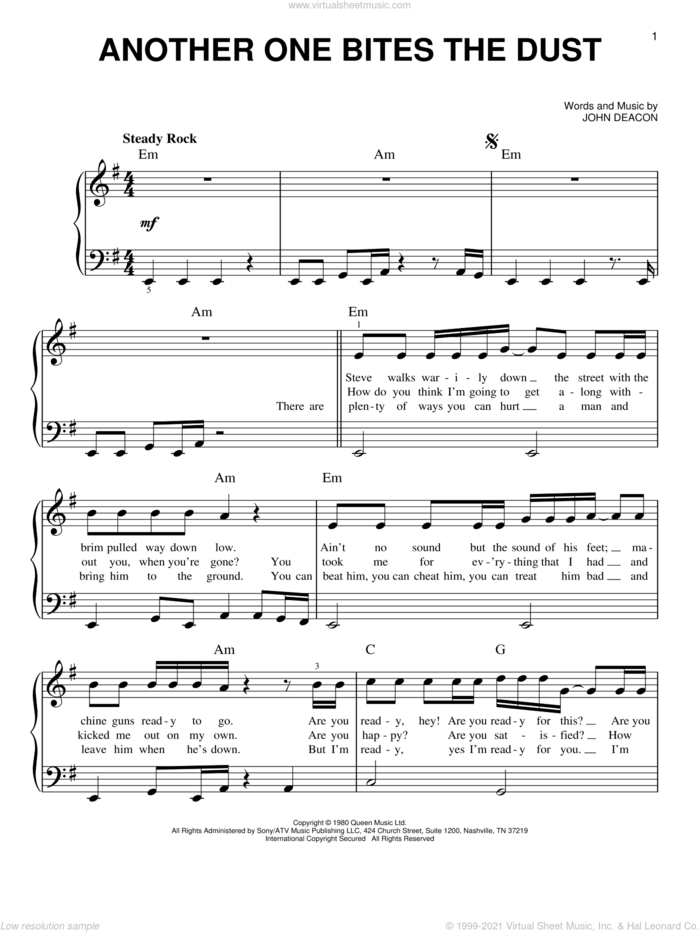 Another One Bites The Dust, (easy) sheet music for piano solo by Queen and John Deacon, easy skill level