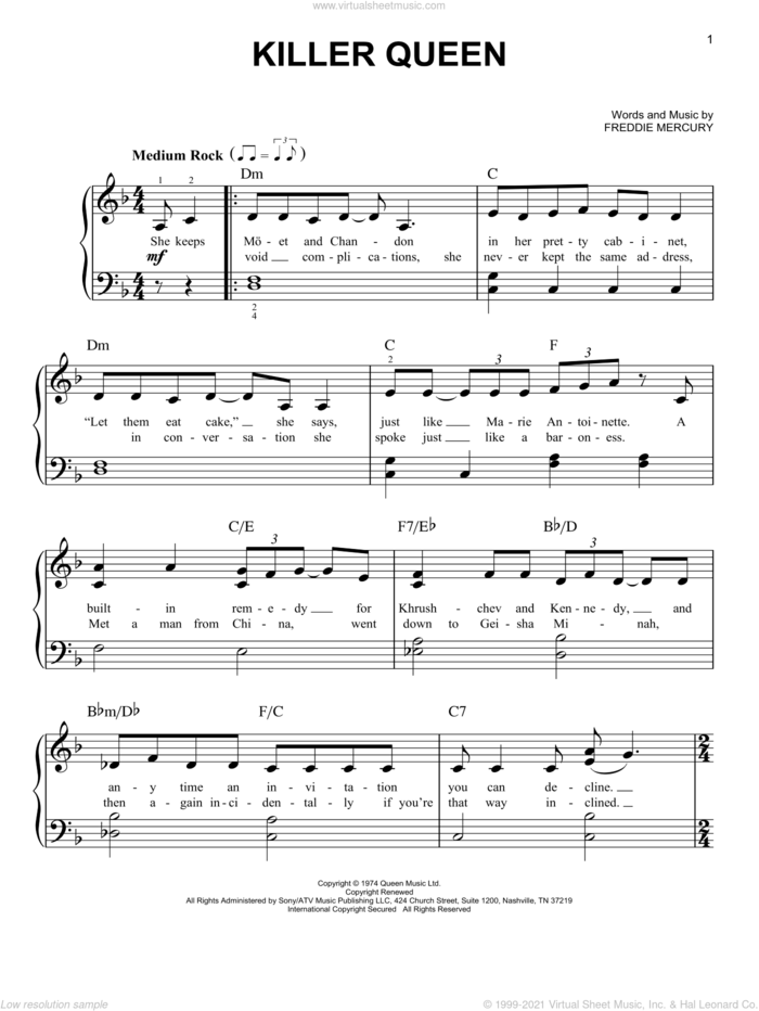 Killer Queen, (easy) sheet music for piano solo by Queen and Freddie Mercury, easy skill level