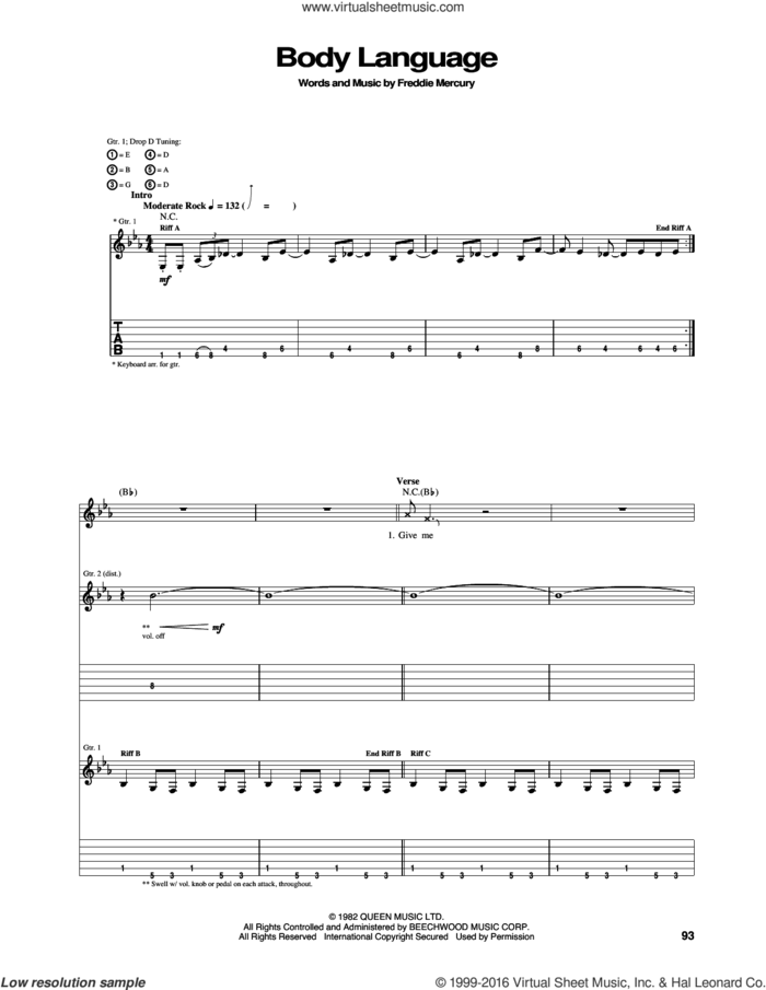 Body Language sheet music for guitar (tablature) by Queen and Freddie Mercury, intermediate skill level