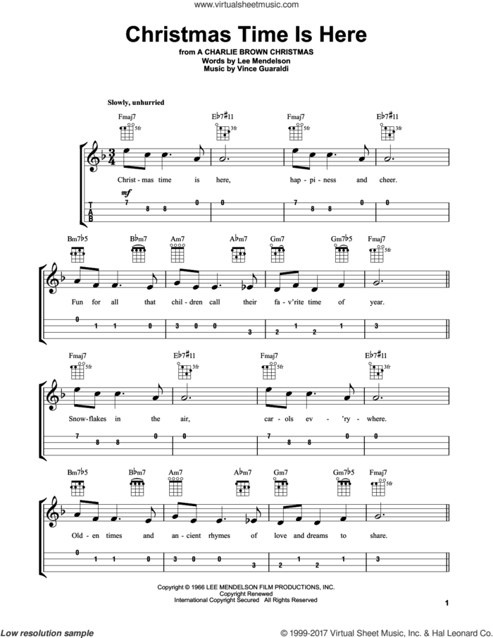 Christmas Time Is Here (arr. Fred Sokolow) sheet music for ukulele by Vince Guaraldi and Lee Mendelson, intermediate skill level