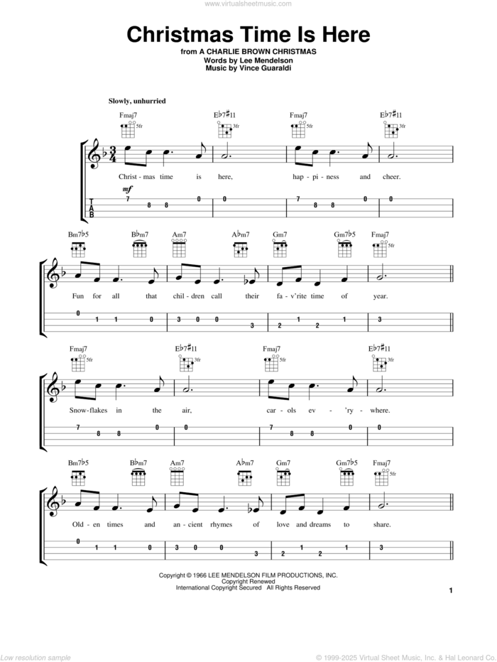 Christmas Time Is Here (arr. Fred Sokolow) sheet music for ukulele by Vince Guaraldi and Lee Mendelson, intermediate skill level