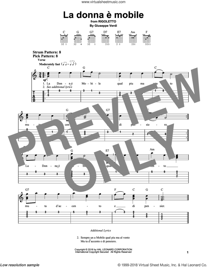 La donna e mobile sheet music for guitar solo (easy tablature) by Giuseppe Verdi, classical score, easy guitar (easy tablature)