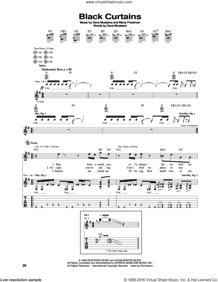 Black Curtains sheet music for guitar (tablature) by Megadeth, Dave Ellefson, Dave Mustaine, Martin Friedman and Nick Menza, intermediate skill level