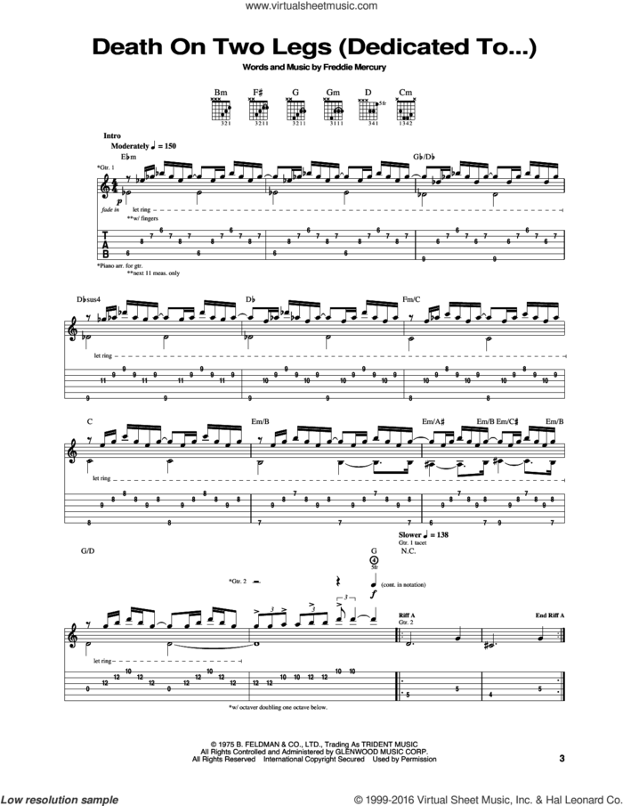 Death On Two Legs sheet music for guitar (tablature) by Queen and Freddie Mercury, intermediate skill level