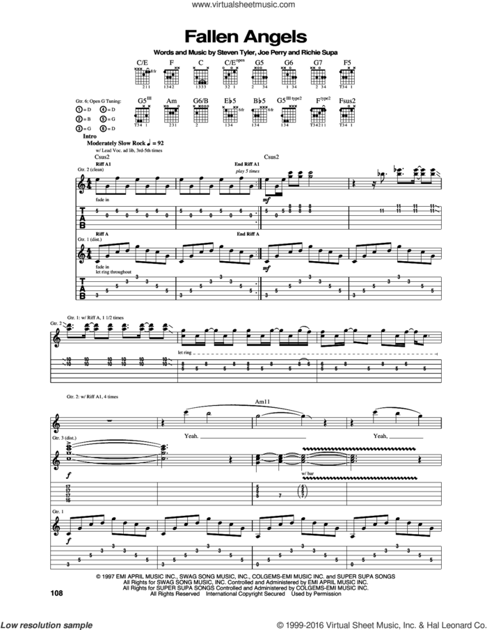Fallen Angels sheet music for guitar (tablature) by Aerosmith, Joe Perry, Richie Supa and Steven Tyler, intermediate skill level