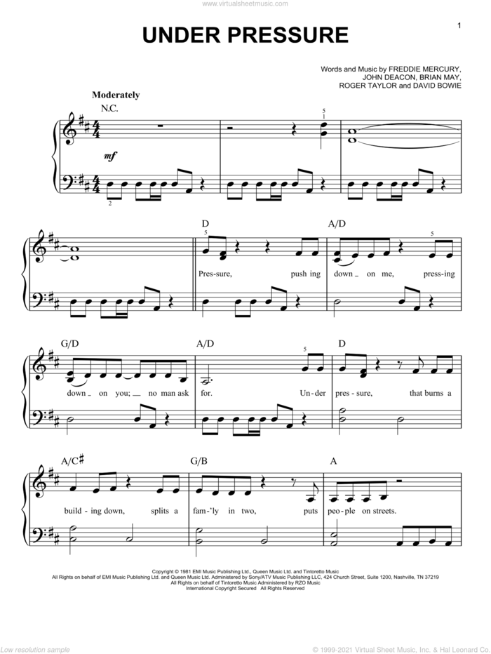 Under Pressure sheet music for piano solo by Queen & David Bowie, Queen, The Used And My Chemical Romance, Brian May, David Bowie, Freddie Mercury, John Deacon and Roger Taylor, easy skill level