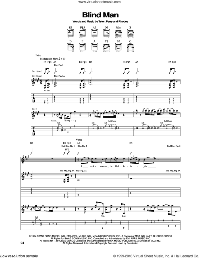 Blind Man sheet music for guitar (tablature) by Aerosmith, Joe Perry, Steven Tyler and Taylor Rhodes, intermediate skill level