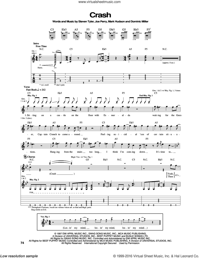 Crash sheet music for guitar (tablature) by Aerosmith, Dominic Miller, Joe Perry, Mark Hudson and Steven Tyler, intermediate skill level