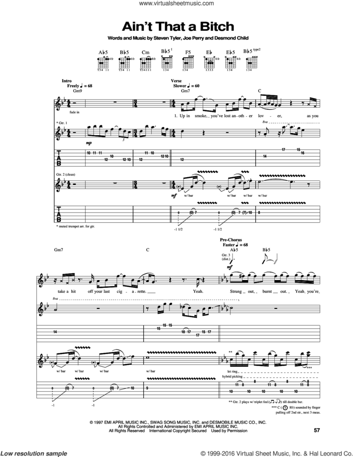 Ain't That A Bitch sheet music for guitar (tablature) by Aerosmith, Desmond Child, Joe Perry and Steven Tyler, intermediate skill level