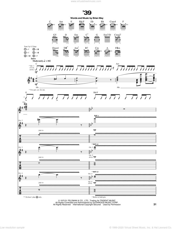 '39 sheet music for guitar (tablature) by Queen and Brian May, intermediate skill level