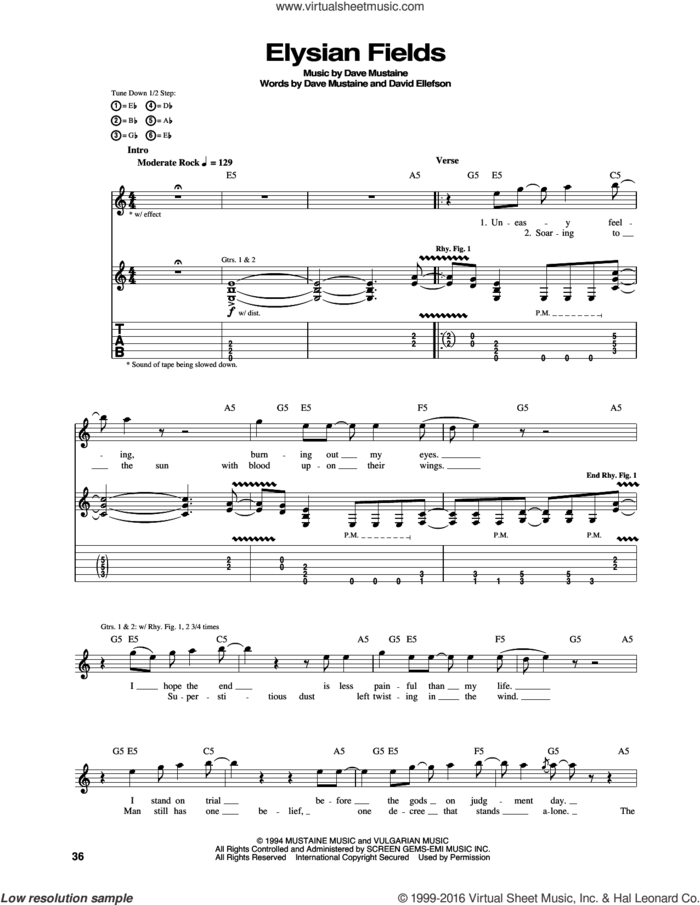 Elysian Fields sheet music for guitar (tablature) by Megadeth, Dave Ellefson, Dave Mustaine, Martin Friedman and Nick Menza, intermediate skill level