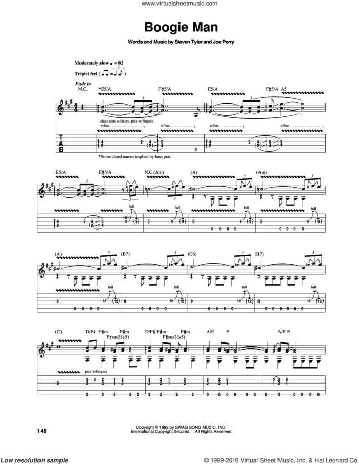 Boogie Man sheet music for guitar (tablature) by Aerosmith, Joe Perry and Steven Tyler, intermediate skill level