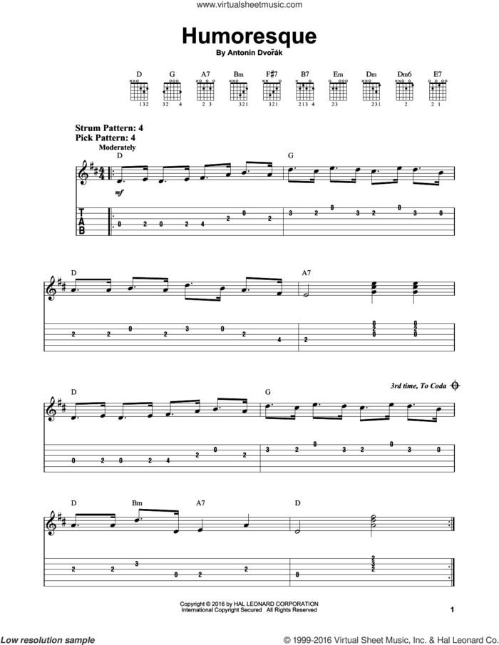Humoresque sheet music for guitar solo (easy tablature) by Antonin Dvorak and Anton DvorAk, classical score, easy guitar (easy tablature)