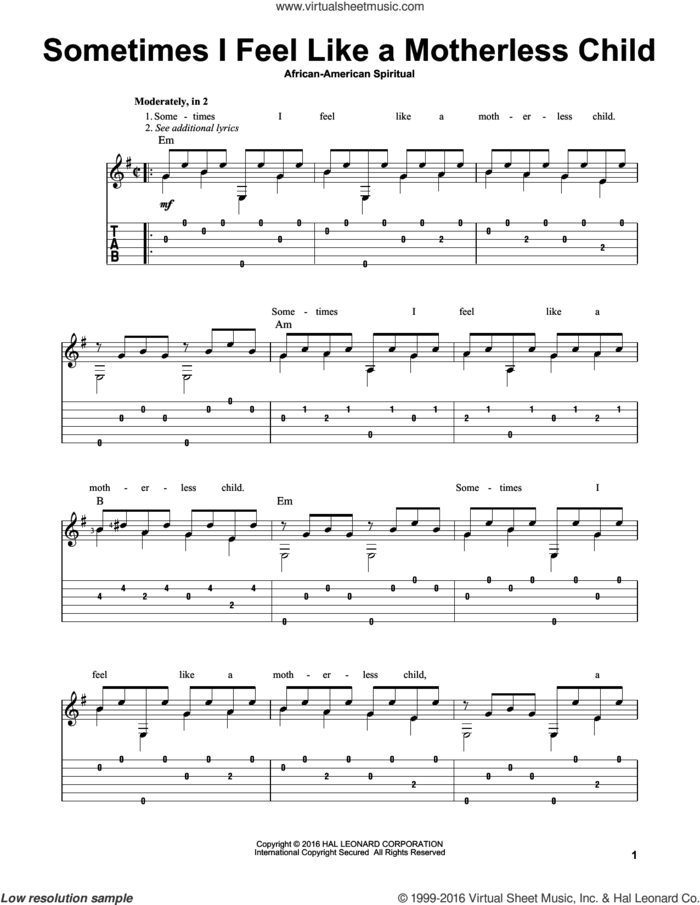 Sometimes I Feel Like A Motherless Child sheet music for guitar solo by Mark Phillips and Miscellaneous, intermediate skill level