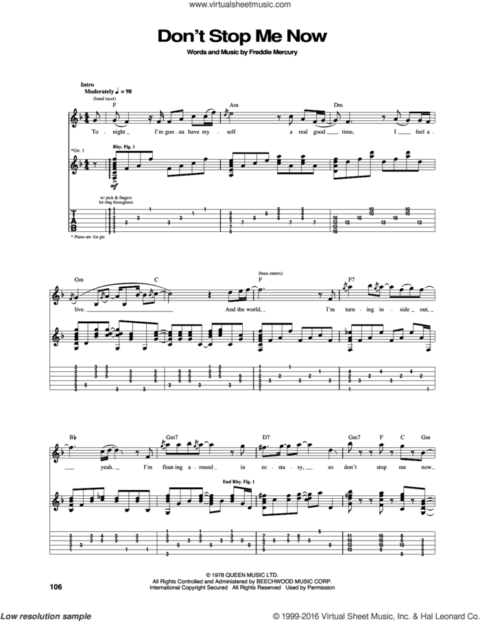Don't Stop Me Now sheet music for guitar (tablature) by Queen and Freddie Mercury, intermediate skill level