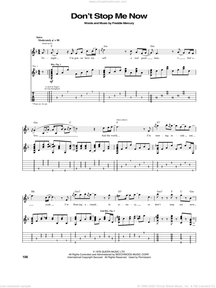 Don't Stop Me Now sheet music for guitar (tablature) by Queen and Freddie Mercury, intermediate skill level