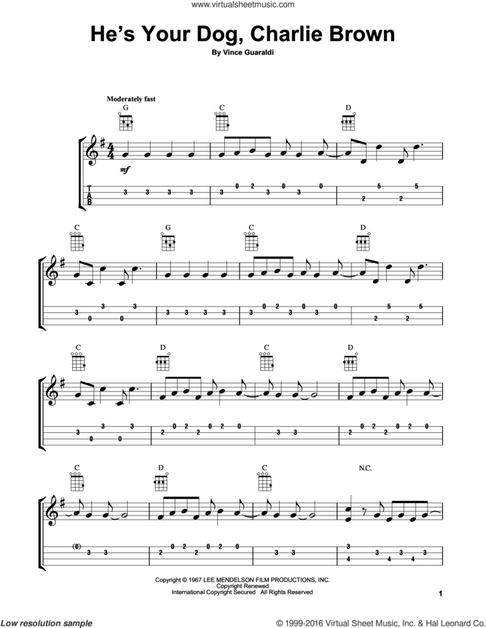 He's Your Dog, Charlie Brown sheet music for ukulele by Vince Guaraldi, intermediate skill level