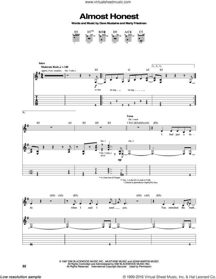 Almost Honest sheet music for guitar (tablature) by Megadeth, Dave Mustaine and Marty Friedman, intermediate skill level
