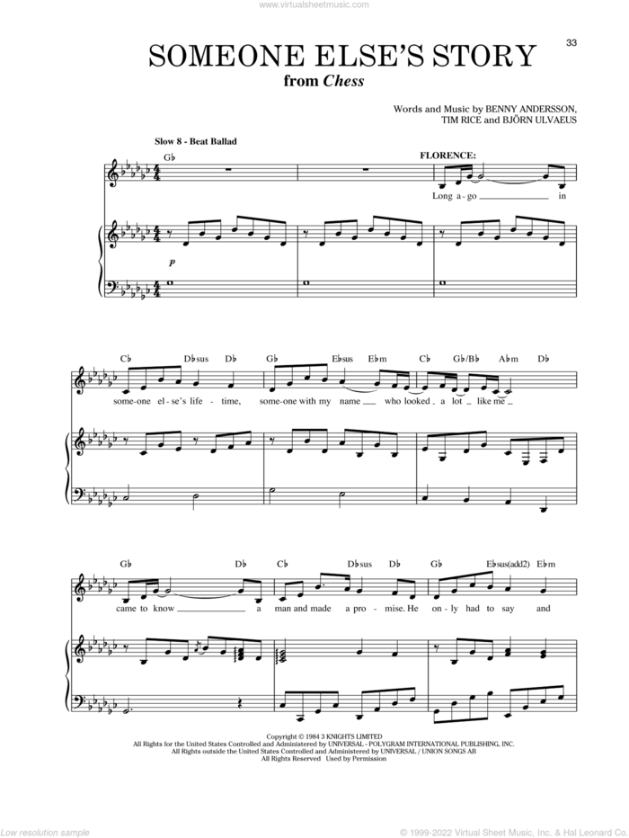 Someone Else's Story sheet music for voice and piano by Benny Andersson, Bjorn Ulvaeus and Tim Rice, intermediate skill level