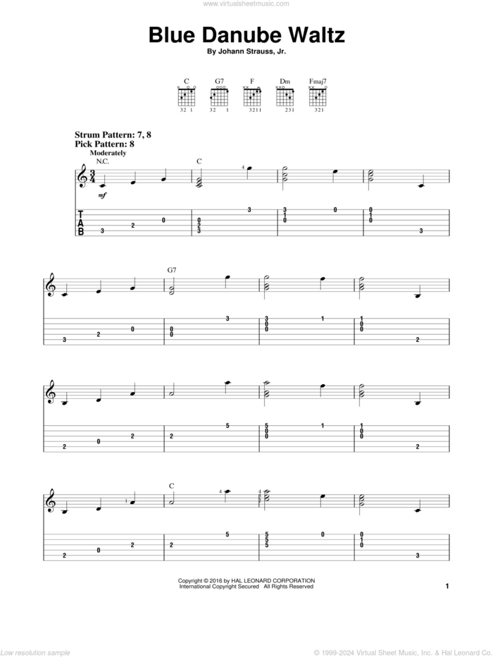 Blue Danube Waltz sheet music for guitar solo (easy tablature) by Johann Strauss, Jr., classical score, easy guitar (easy tablature)