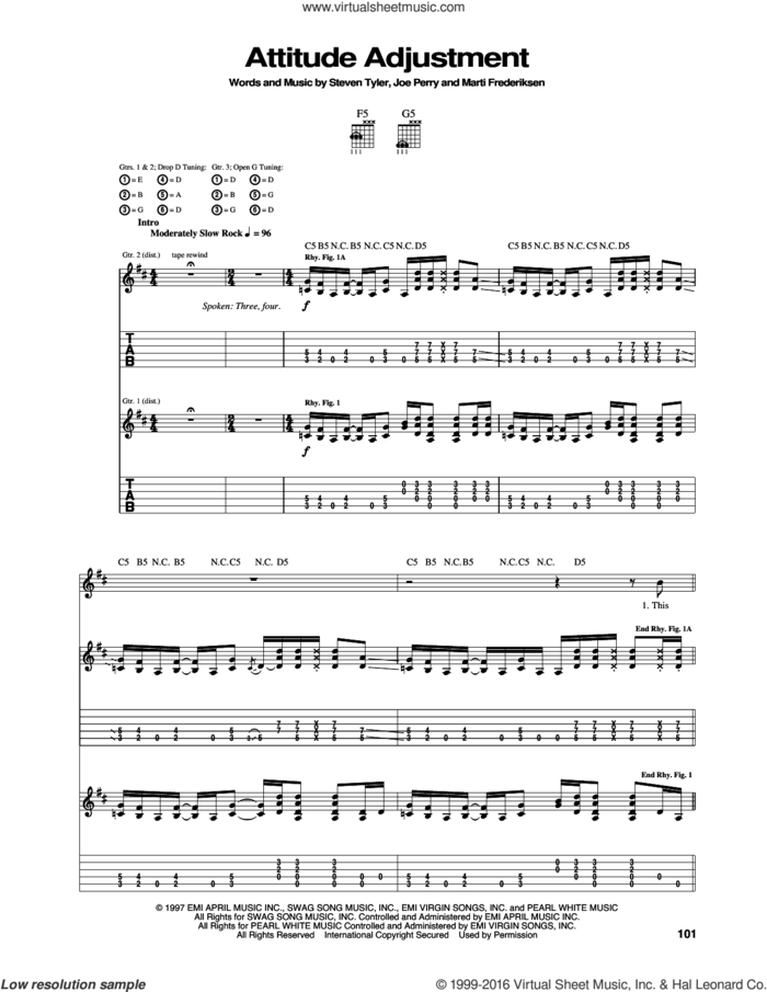 Attitude Adjustment sheet music for guitar (tablature) by Aerosmith, Joe Perry, Marti Frederiksen and Steven Tyler, intermediate skill level