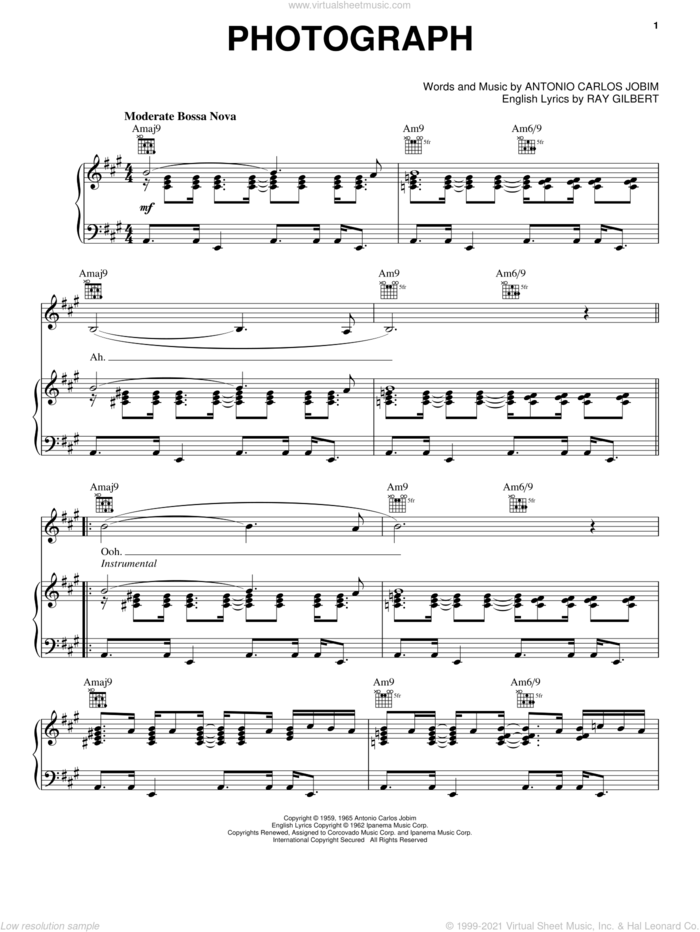 Photograph sheet music for voice, piano or guitar by Antonio Carlos Jobim, Astrud Gilberto and Ray Gilbert, intermediate skill level