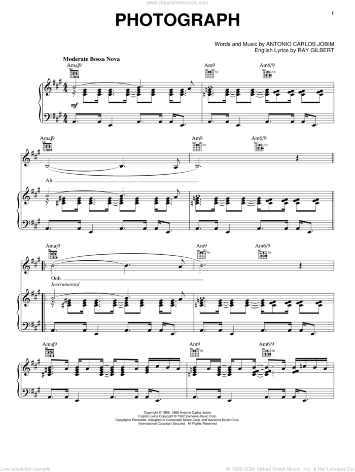 Photograph sheet music for voice, piano or guitar by Antonio Carlos Jobim, Astrud Gilberto and Ray Gilbert, intermediate skill level