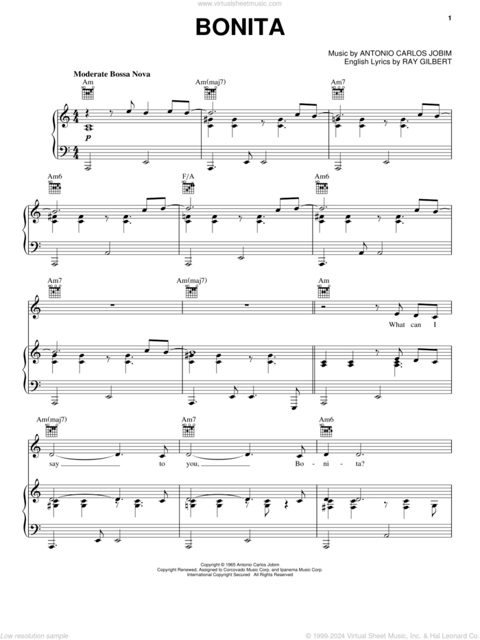 Bonita sheet music for voice, piano or guitar by Antonio Carlos Jobim, Frank Sinatra and Ray Gilbert, intermediate skill level
