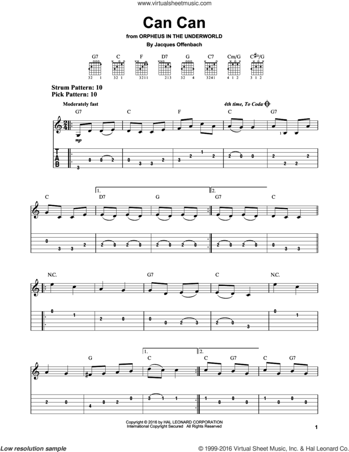 Can Can sheet music for guitar solo (easy tablature) by Jacques Offenbach, classical score, easy guitar (easy tablature)