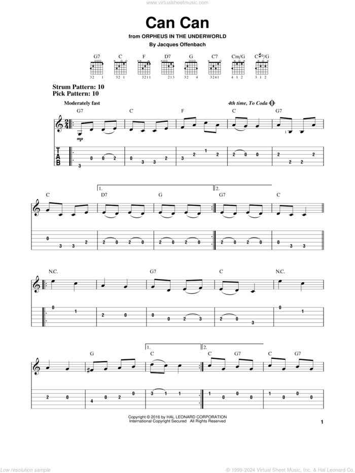 Can Can sheet music for guitar solo (easy tablature) by Jacques Offenbach, classical score, easy guitar (easy tablature)