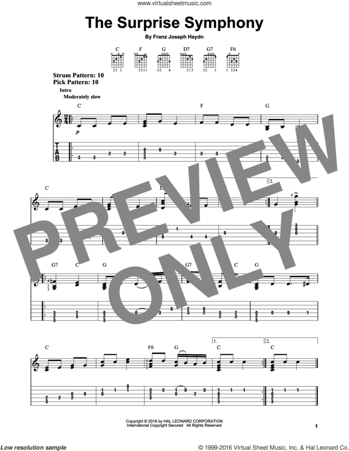 The Surprise Symphony sheet music for guitar solo (easy tablature) by Franz Joseph Haydn, classical score, easy guitar (easy tablature)