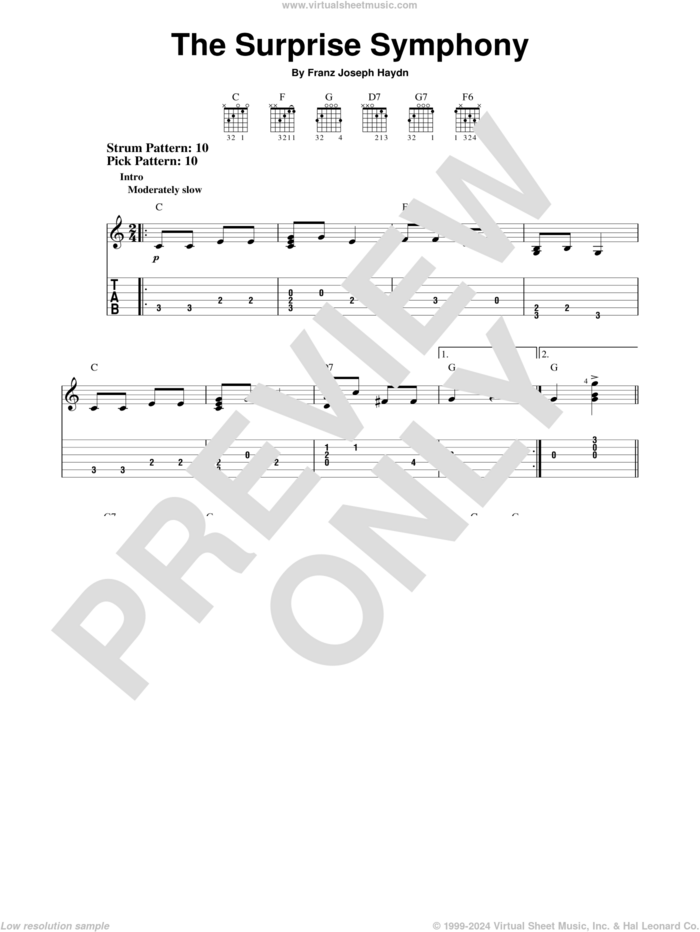 The Surprise Symphony sheet music for guitar solo (easy tablature) by Franz Joseph Haydn, classical score, easy guitar (easy tablature)