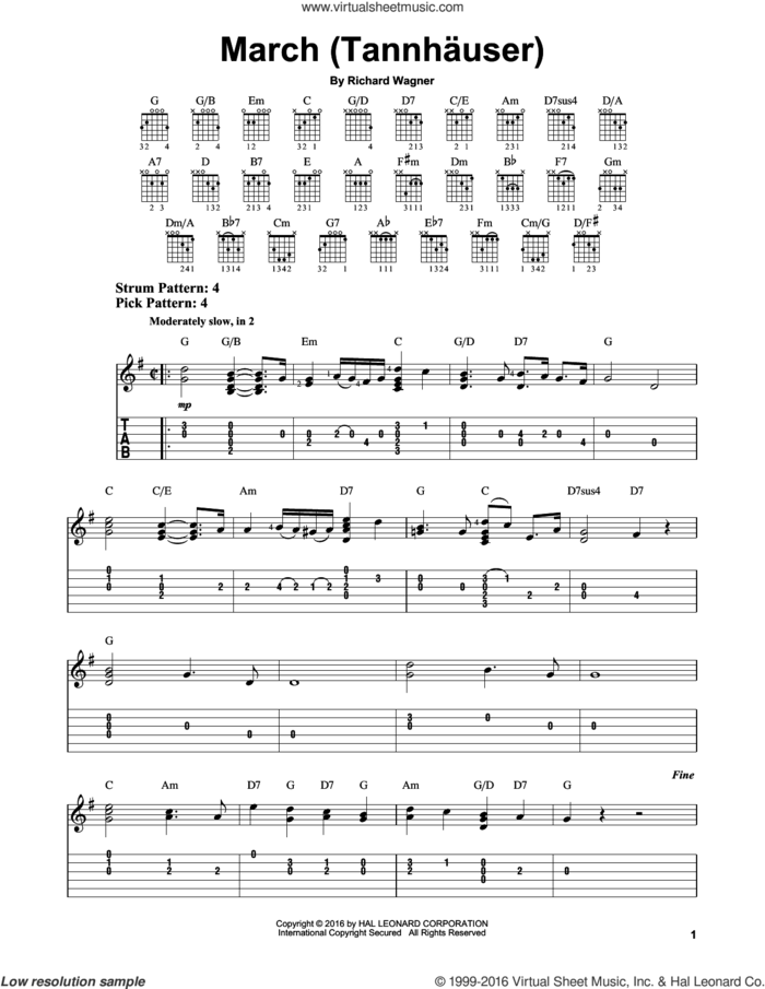 March (Tannhauser) sheet music for guitar solo (easy tablature) by Richard Wagner, classical score, easy guitar (easy tablature)