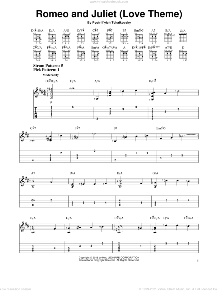 Romeo And Juliet (Love Theme) sheet music for guitar solo (easy tablature) by Pyotr Ilyich Tchaikovsky, classical score, easy guitar (easy tablature)