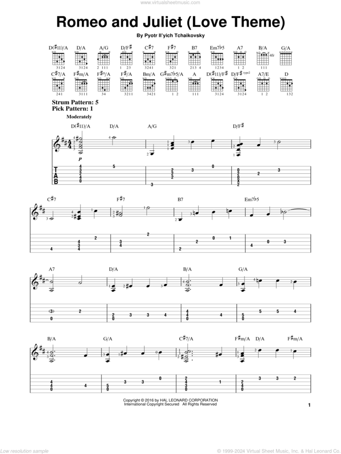 Romeo And Juliet (Love Theme) sheet music for guitar solo (easy tablature) by Pyotr Ilyich Tchaikovsky, classical score, easy guitar (easy tablature)