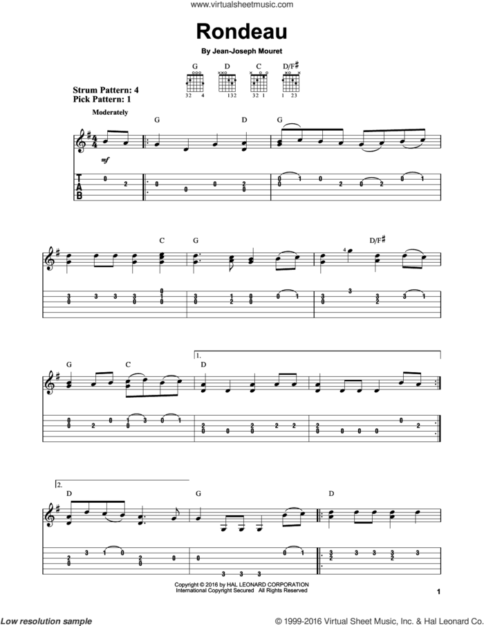 Rondeau sheet music for guitar solo (easy tablature) by Jean-Joseph Mouret, classical score, easy guitar (easy tablature)