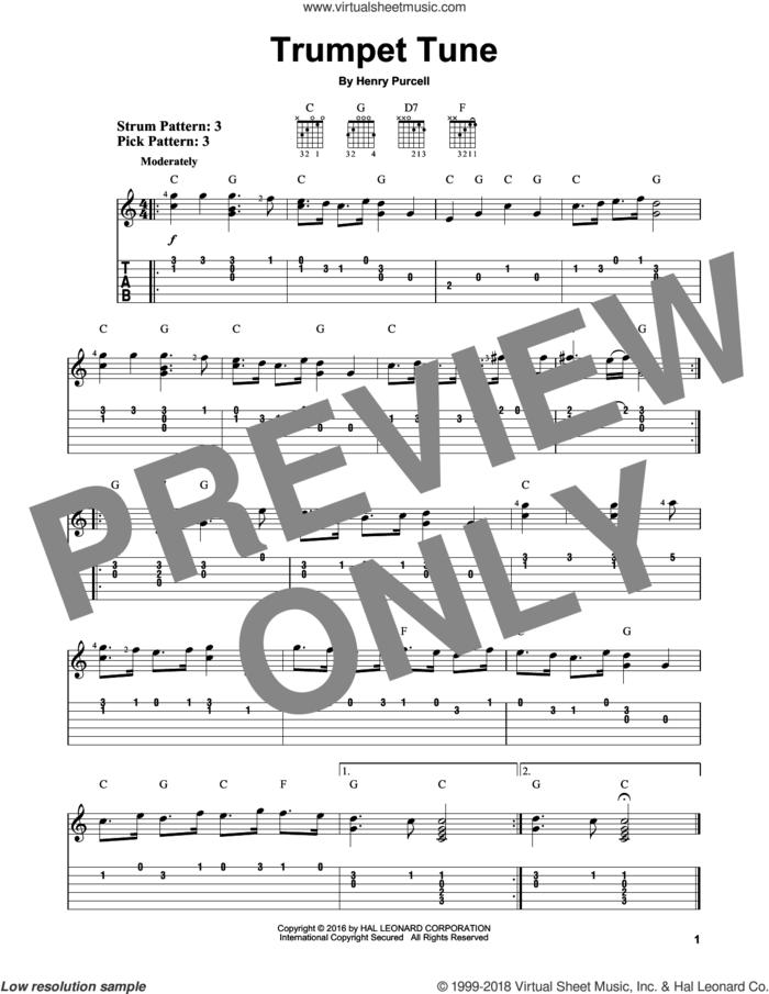 Trumpet Tune sheet music for guitar solo (easy tablature) by Henry Purcell, classical score, easy guitar (easy tablature)
